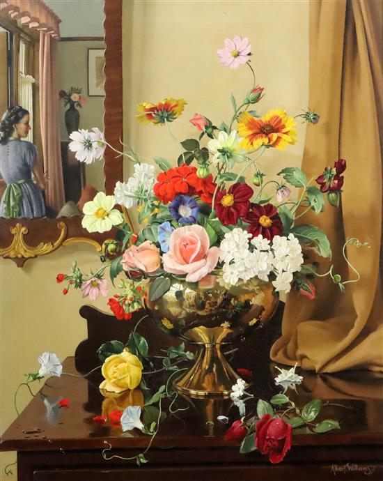 § Albert Williams (1922-2010) Still life of flowers in a brass vase with a lady reflected in a mirror 24 x 20in.